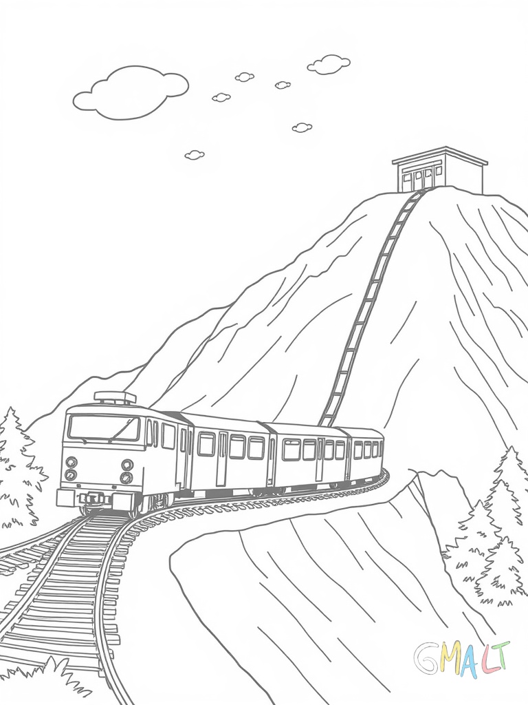 Eine Achterbahnstrecke von der Seite mit mehreren Auf- und Abfahrten. Der Zug mit vier Wagen fährt gerade eine besonders steile Abfahrt hinunter. Kleine runde Wolken schweben am oberen Bildrand.