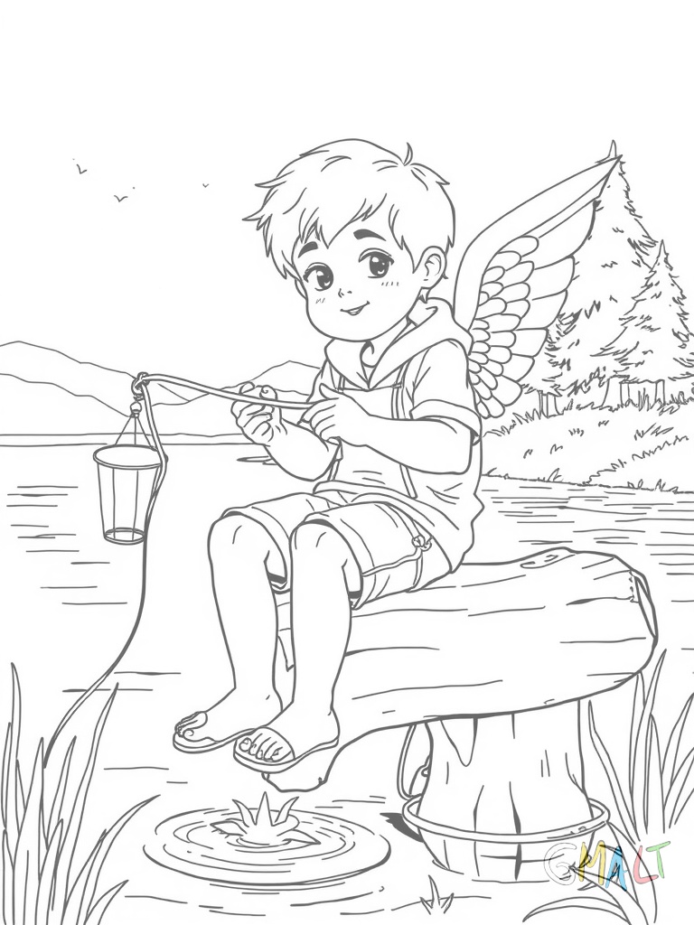 Ein kleiner Junge sitzt auf einem Holzsteg am See. Er hält eine Angelrute in beiden Händen. Seine Füße baumeln über dem Wasser. Neben ihm steht ein Angelkorb. Im Hintergrund sind Schilf und ein paar Bäume zu sehen.