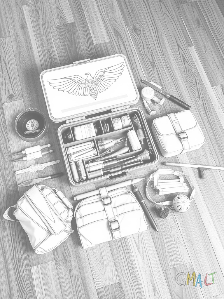 Eine Angelausrüstung liegt ausgebreitet auf dem Boden: Eine zusammengebaute Angelrute eine Tacklebox verschiedene Köder ein Kescher und eine Anglerweste. Alles ist übersichtlich angeordnet.