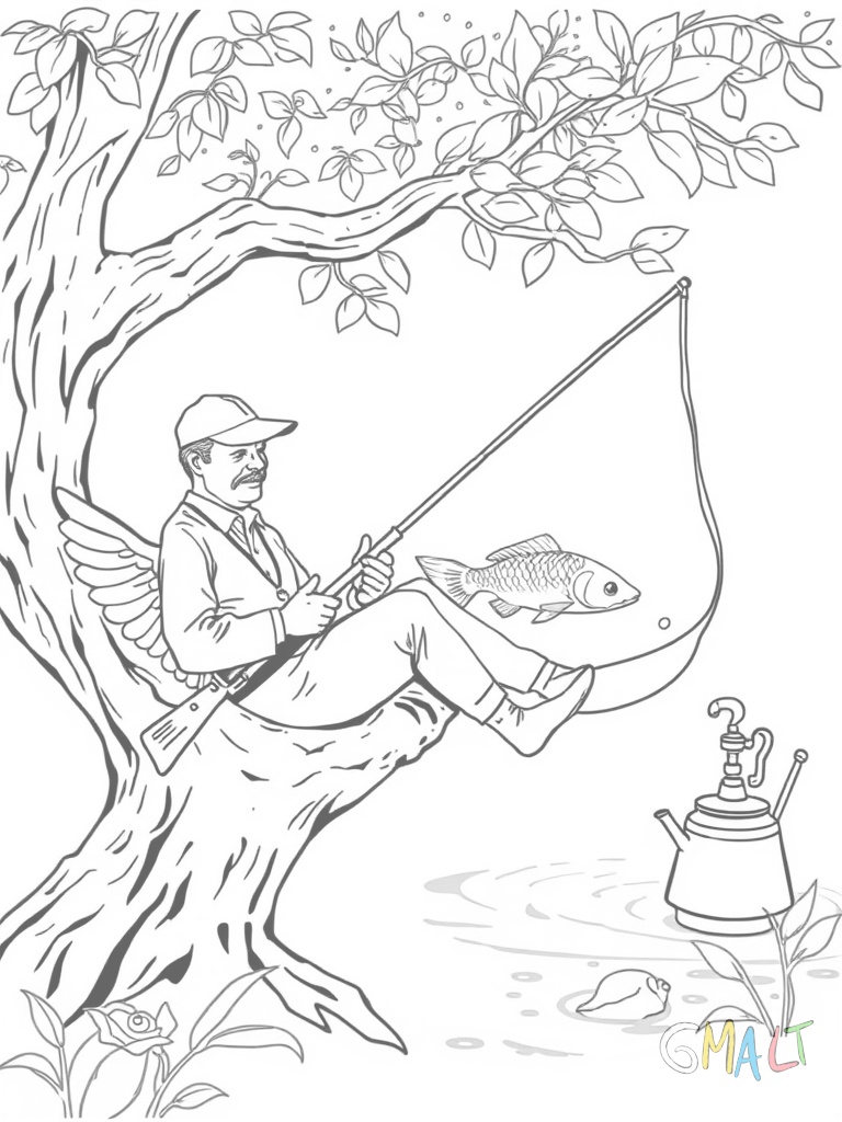 Ein Angler lehnt entspannt an einem Baum. Seine Angel ist mit einer Halterung im Boden fixiert. Vor ihm schwimmt der rote Schwimmer auf der Wasseroberfläche. Eine Thermoskanne steht neben ihm.