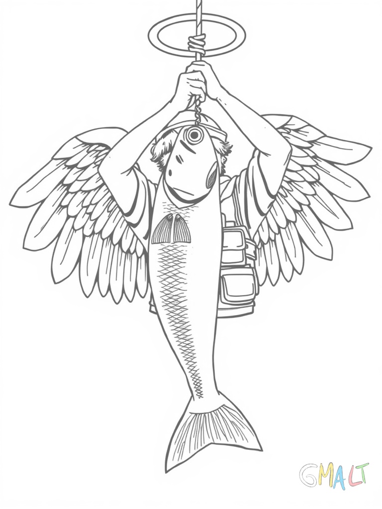 Ein großer Fisch hängt an der Angel. Ein stolzer junger Angler hebt ihn mit beiden Händen hoch um ihn zu präsentieren. Er trägt eine Anglerweste und einen Hut mit Angelhaken.