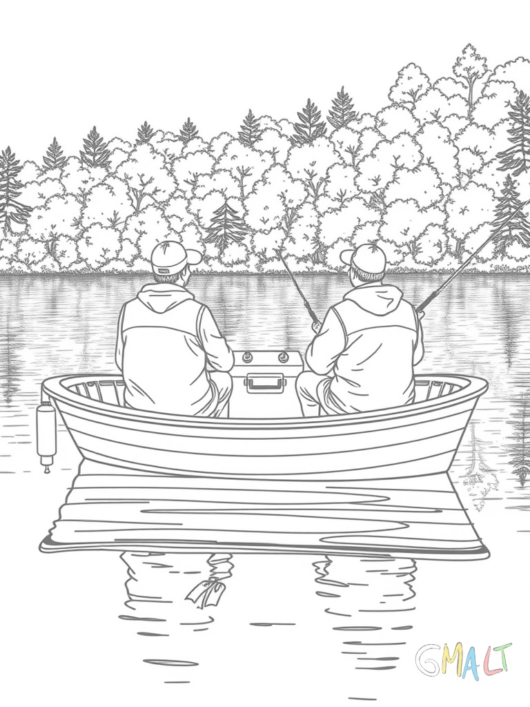 Ein Boot auf einem ruhigen See. Zwei Angler sitzen sich gegenüber. Ihre Angelruten ragen über die Bootsränder. Zwischen ihnen steht eine Kühlbox. Im Hintergrund ist das bewaldete Ufer angedeutet.