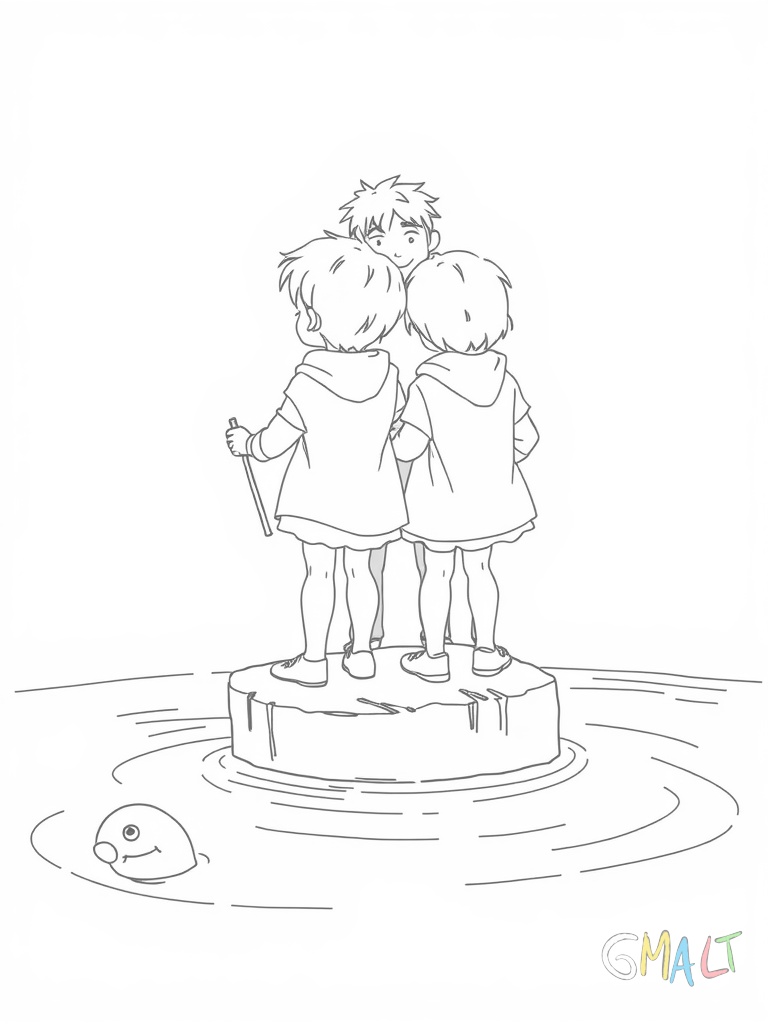 Zwei Kinder stehen auf einem kleinen Steg und schauen gespannt auf ihre Angelschnüre im Wasser. Sie tragen Sonnenhüte. Ein Erwachsener steht hinter ihnen und gibt Tipps. Ein Kescher liegt bereit.
