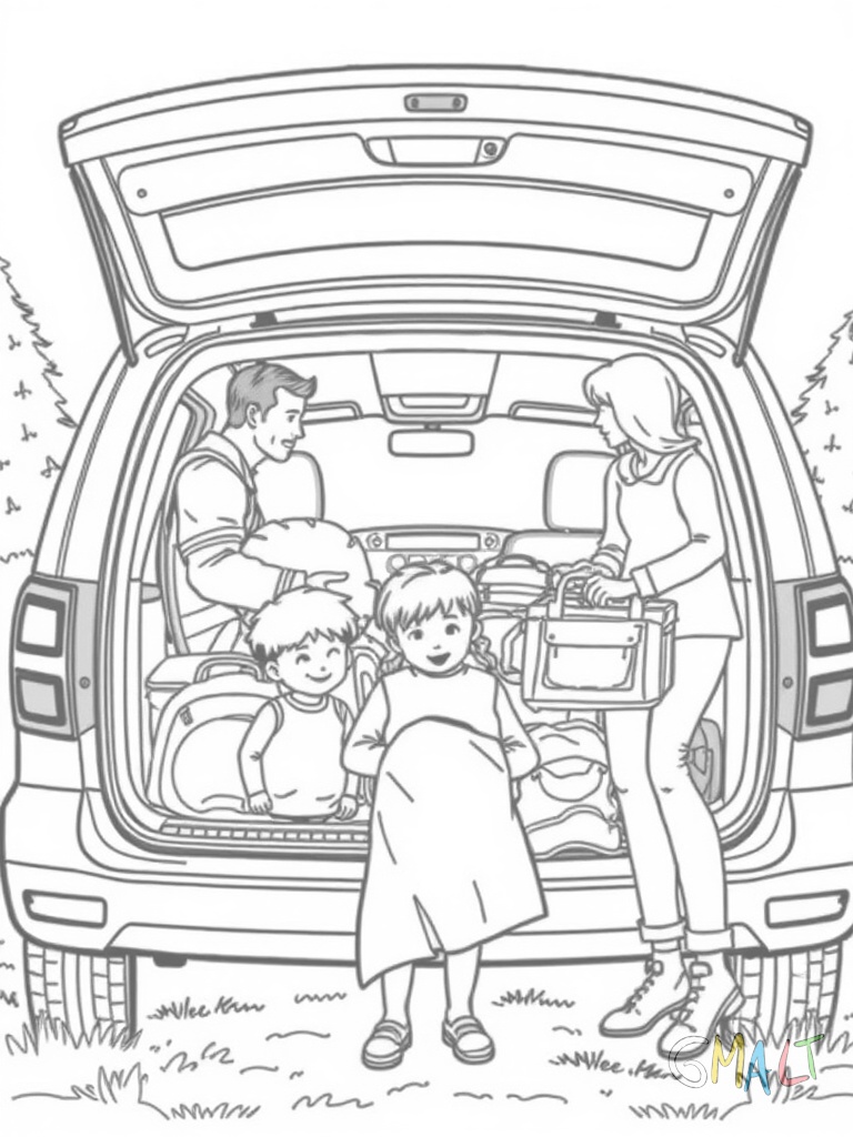 Eine Familie packt ihr Auto für den Campingurlaub. Der Kofferraum ist geöffnet und Vater und Mutter laden Zelt Taschen und Campingausrüstung ein. Ein Kind hält seinen Schlafsack in den Händen.
