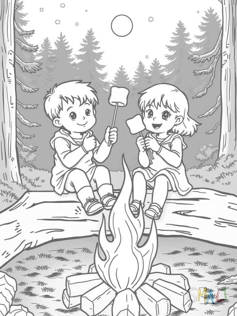 Zwei Kinder sitzen auf Baumstämmen am Lagerfeuer und halten Stöcke mit aufgespießten Marshmallows über die Flammen. Ihre Gesichter leuchten im warmen Feuerschein.