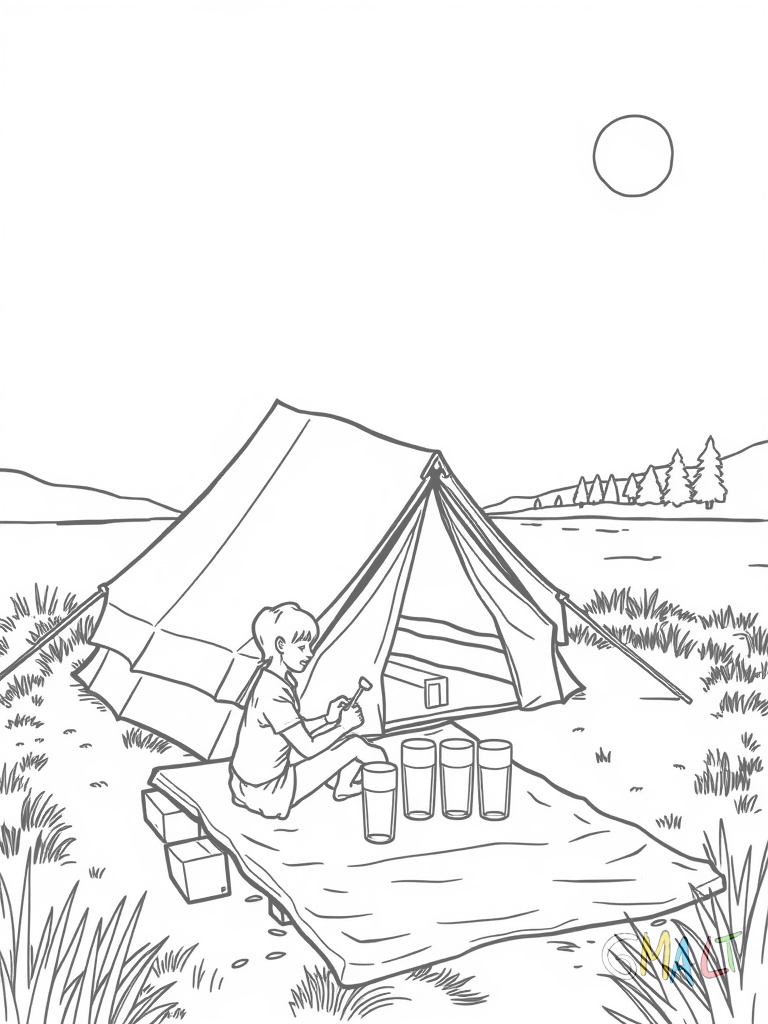 Ein aufgebautes Zelt steht neben einem See. Davor ist eine Picknickdecke ausgebreitet mit einem Korb Tellern und Gläsern. Zwei Personen sitzen auf der Decke und genießen ihr Picknick in der Natur.