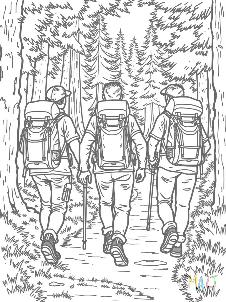 Drei Wanderer mit großen Rucksäcken und Wanderstöcken laufen einen Waldweg entlang. An den Rucksäcken sind Isomatten und Zelte befestigt.