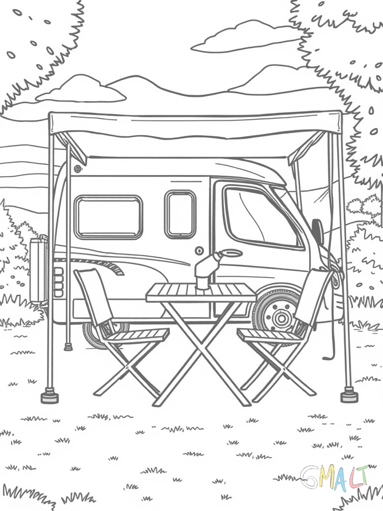 Ein Wohnwagen steht auf einem Campingplatz. Davor ist eine Markise ausgeklappt unter der ein Tisch mit vier Stühlen steht. Ein Grill steht daneben und eine Lichterkette hängt an der Markise.
