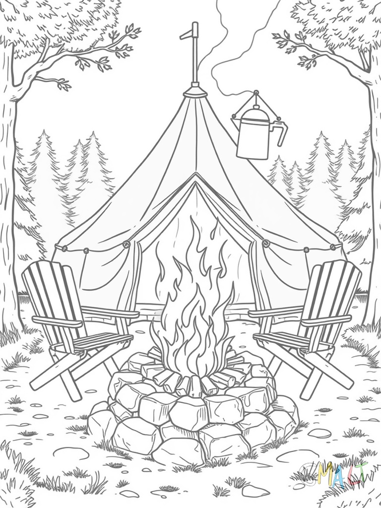 Ein großes blaues Igluzelt steht auf einer Waldlichtung. Davor brennt ein Lagerfeuer in einer Feuerstelle aus Steinen. Zwei Campingstühle stehen um das Feuer herum. Ein Wasserkocher hängt über dem Feuer an einem Gestell.