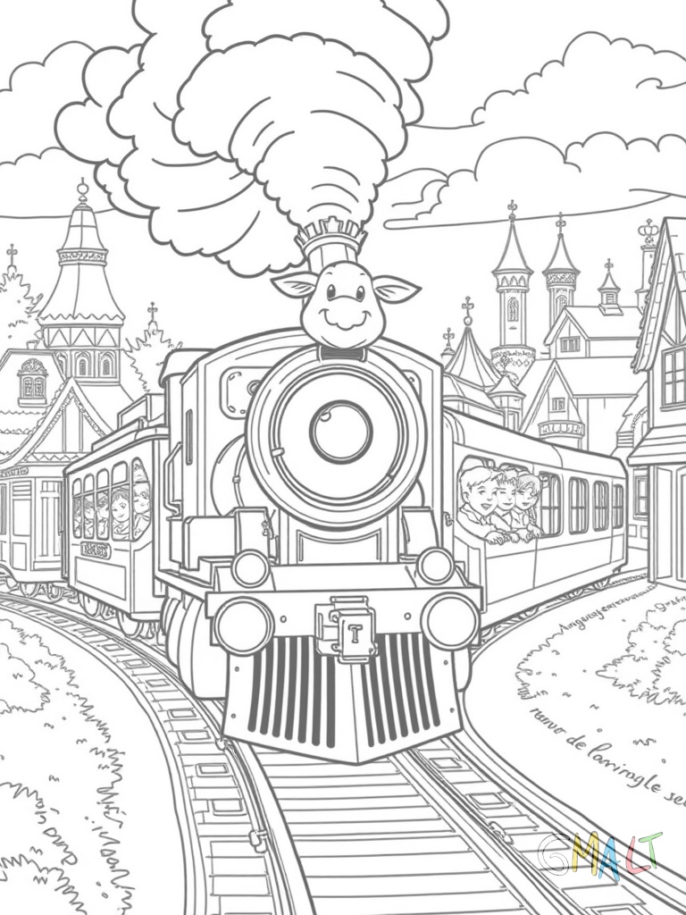 Der Europa-Park Express fährt durch verschiedene Themenbereiche. Die Lokomotive ist von vorne zu sehen. Der Schaffner winkt aus dem Führerhaus. Die Waggons sind mit fröhlichen Fahrgästen besetzt. Am Rand stehen einige typische Europa-Park Gebäude.
