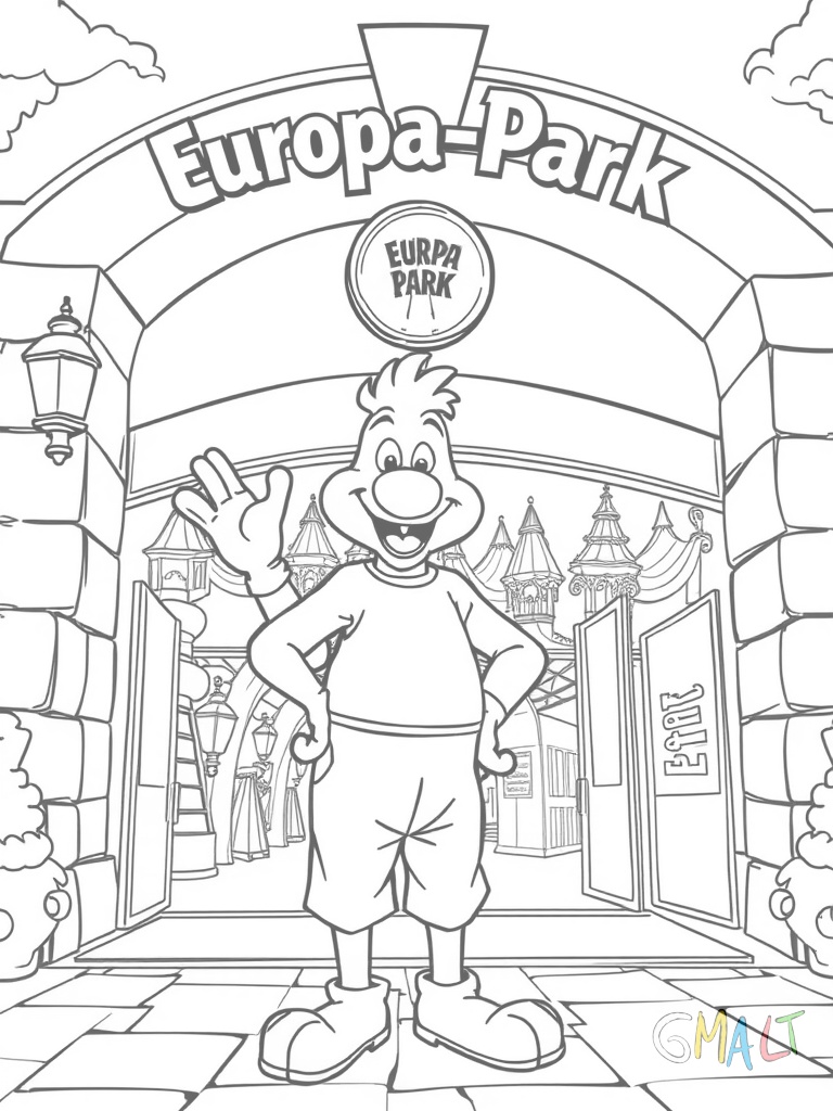 Ed Euromaus steht lächelnd vor der Europa-Park Haupteingang. Der Eingangsbereich zeigt den charakteristischen Torbogen mit dem Europa-Park Logo. Ed trägt seine typische rote Hose und winkt den Besuchern zu. Im Hintergrund sind die Spitzen einiger Fahrgeschäfte zu sehen.