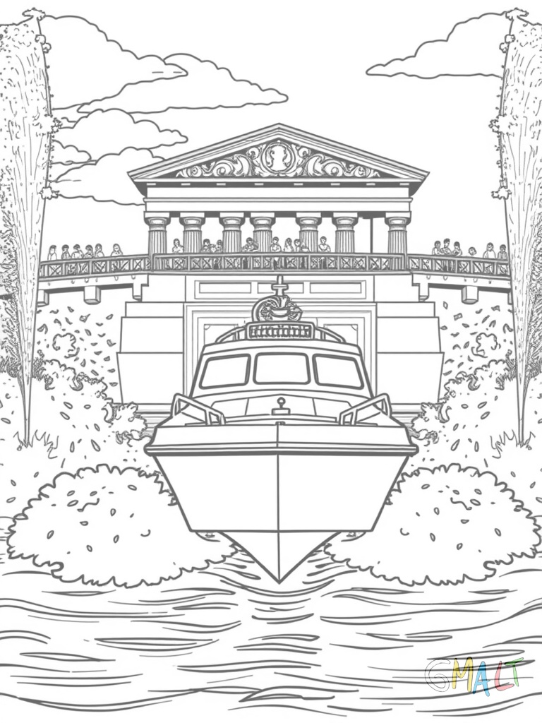 Die Wasserachterbahn Poseidon zeigt ein Boot das gerade die große Abfahrt hinunterfährt. Wasserfontänen spritzen zu beiden Seiten hoch. Die griechische Tempelfassade ist im Hintergrund zu sehen. Einige Zuschauer stehen auf der Brücke.