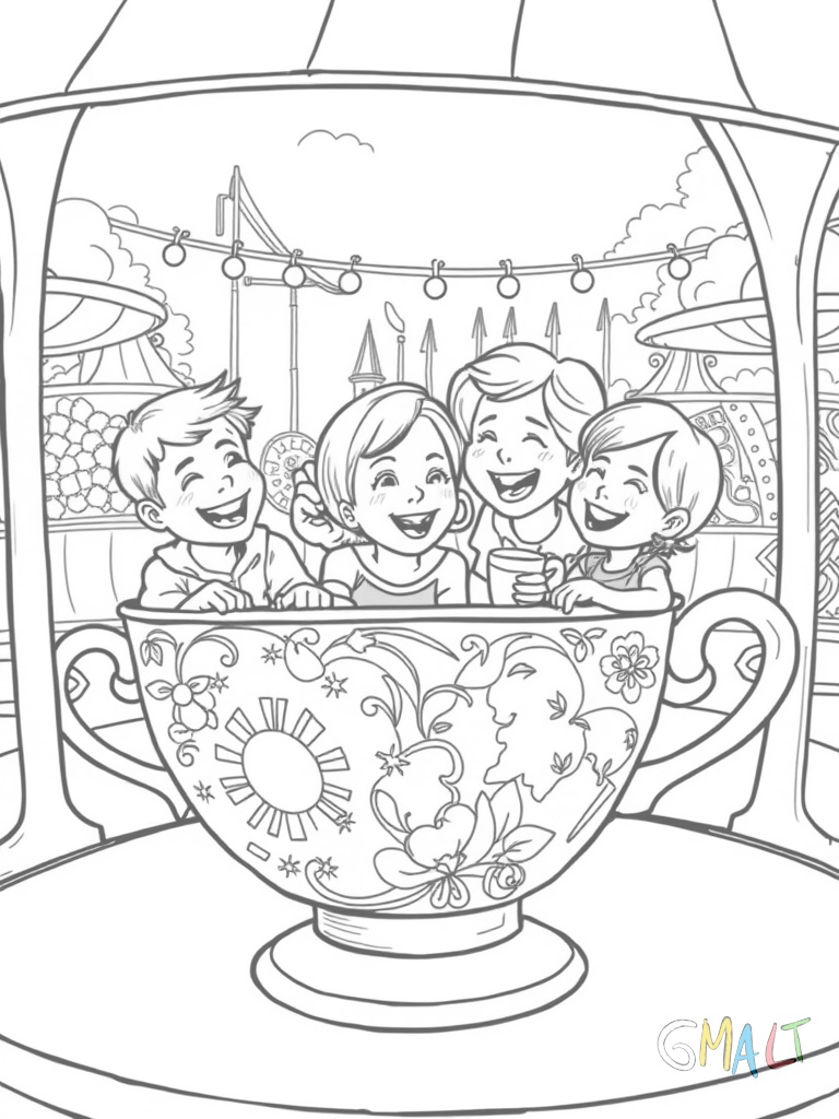 Eine Familie sitzt in einem der typischen Teacup-Fahrgeschäfte. Die Tasse ist mit europäischen Motiven verziert. Die Kinder lachen während sich die Tasse dreht. Im Hintergrund sind weitere bunte Tassen zu erkennen.
