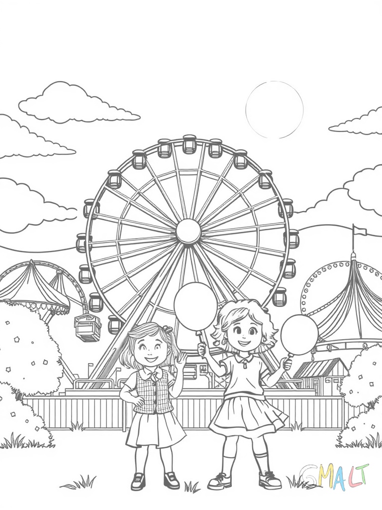 Ein großes Riesenrad steht im Zentrum des Bildes. Davor stehen zwei lachende Kinder mit Luftballons in den Händen. Im Hintergrund sind weitere Fahrgeschäfte zu sehen. Die Sonne scheint von oben links.