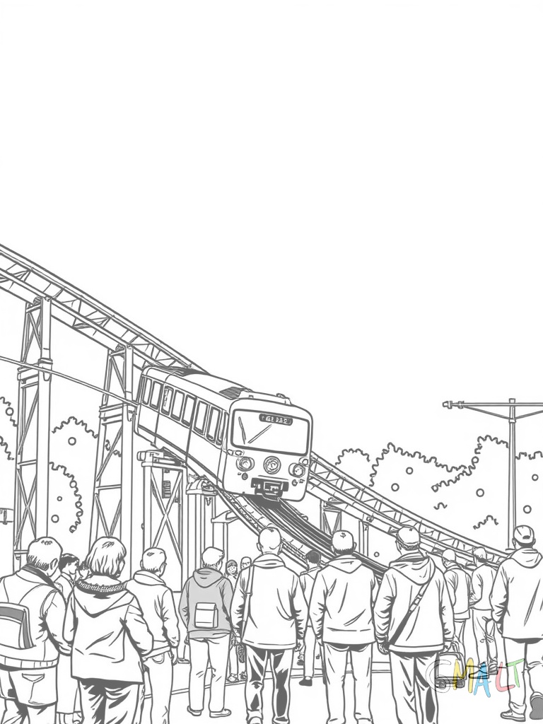 Eine verschlungene Achterbahn mit drei Loopings erstreckt sich über das Bild. Ein Zug mit jubelnden Fahrgästen fährt gerade durch den mittleren Looping. Unten stehen Menschen in einer Warteschlange.