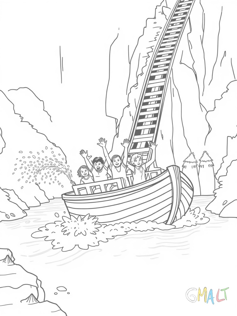 Eine Wildwasserbahn mit einem Holzboot voller Menschen fährt einen steilen Abhang hinunter. Wasserfontänen spritzen zu beiden Seiten hoch. Die Fahrgäste haben die Arme in die Luft gehoben.
