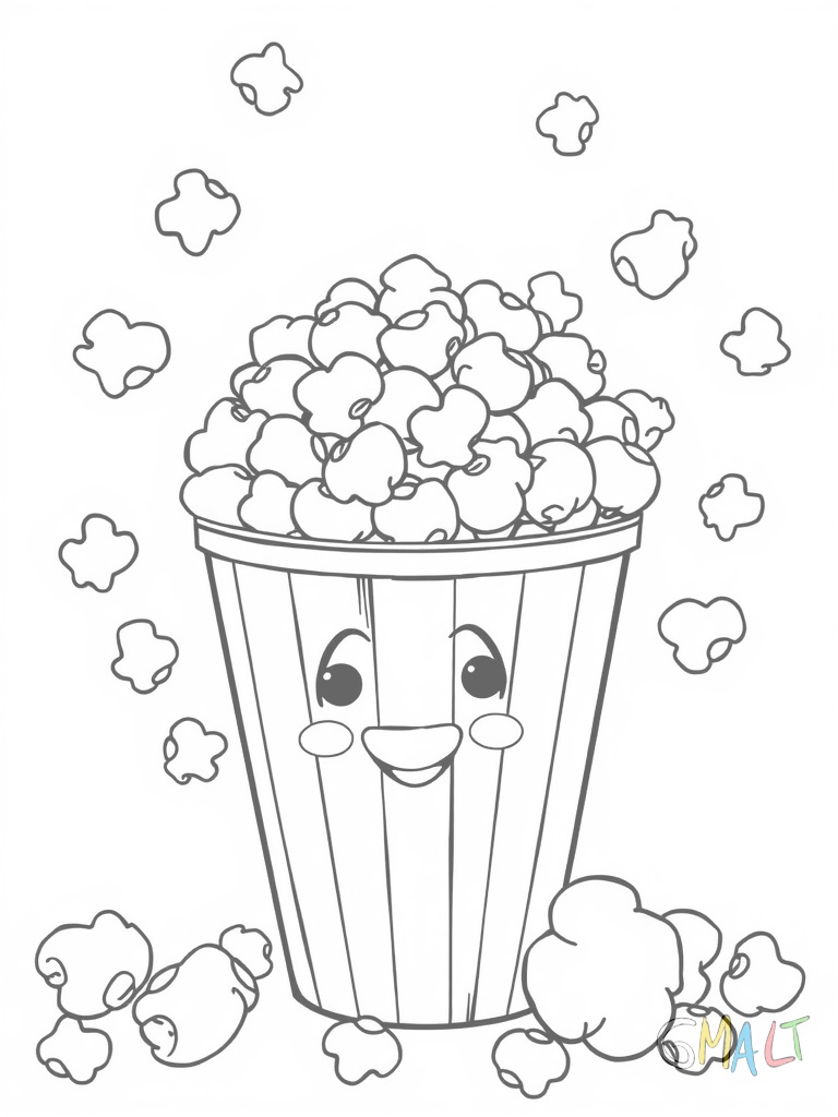 Ein großes Popcorn in einer rot-weiß gestreiften Tüte steht in der Bildmitte. Einzelne Popcornstücke schweben spielerisch um die Tüte herum. Die Tüte lächelt mit einem niedlichen Gesicht.