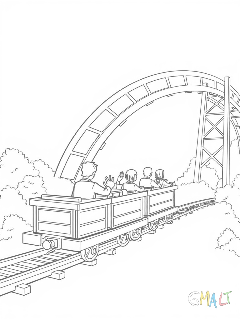 Eine Achterbahn mit drei Waggons fährt eine steile Schiene hinauf. In jedem Waggon sitzen zwei Personen mit erhobenen Armen. Die Schienen haben zwei Schleifen und führen über verschiedene Höhen.