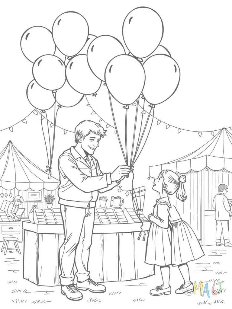 Ein Kirmesstand mit Luftballons zeigt verschiedenfarbige Ballons an Schnüren. Ein freundlicher Verkäufer reicht einem kleinen Mädchen einen herzförmigen Ballon. Im Hintergrund sind weitere Kirmesstände angedeutet.