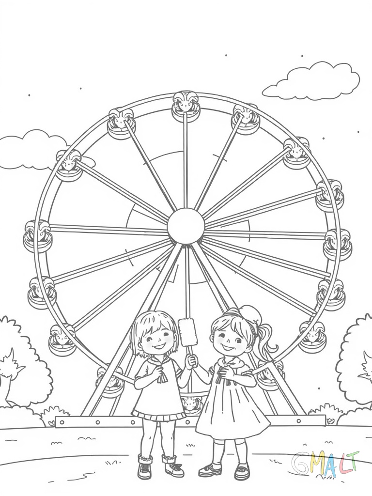 Ein großes Riesenrad steht in der Bildmitte. Die 8 bunten Gondeln sind gleichmäßig am Rad verteilt. Im Vordergrund stehen zwei lächelnde Kinder mit Zuckerwatte in der Hand. Der Himmel ist leer für eine einfache Zeichnung.