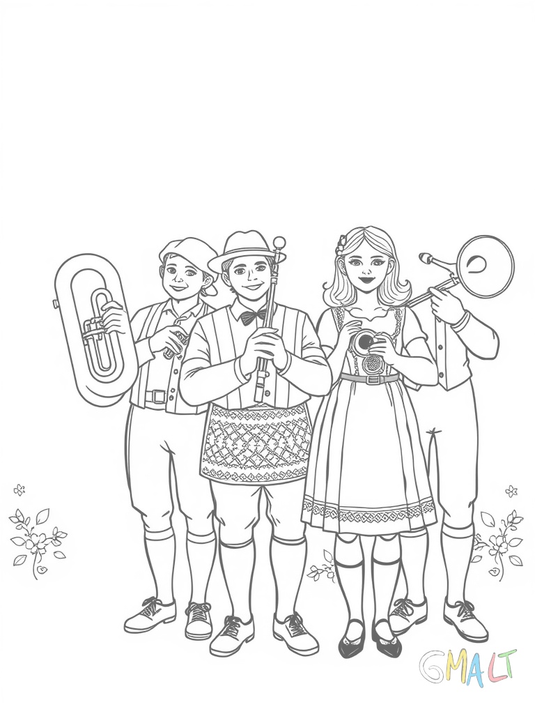 Eine traditionelle Blaskapelle mit fünf Musikern in Tracht. Sie stehen in einer Reihe mit verschiedenen Instrumenten: Tuba Trompete Posaune Klarinette und Trommel.