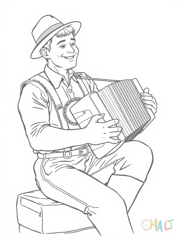 Ein junger Mann in Lederhosen und kariertem Hemd spielt auf einer Ziehharmonika. Er sitzt auf einem Holzschemel und lächelt während seine Finger über die Tasten gleiten.