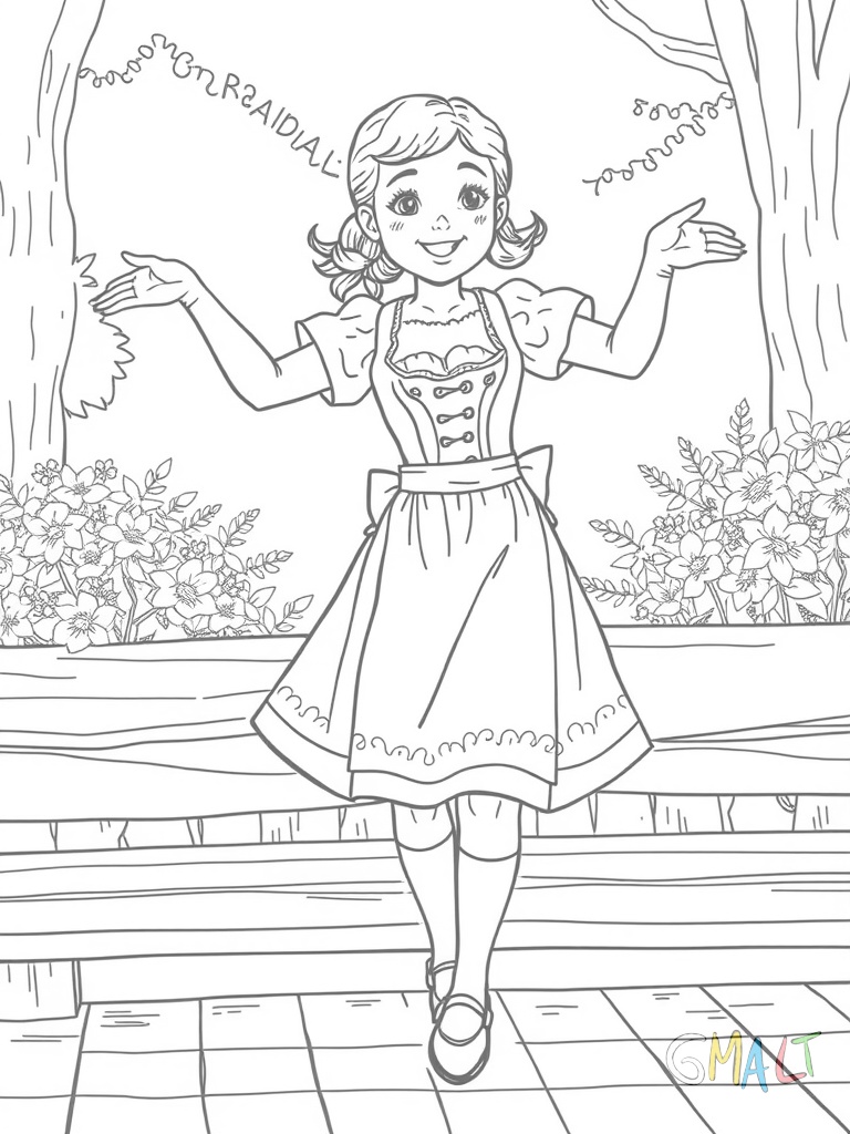 Ein fröhliches Mädchen in einem Dirndl tanzt mit ausgestreckten Armen auf einer Holzbank. Ihr Zopf schwingt dabei zur Seite und die Schürze wirbelt durch die Bewegung.