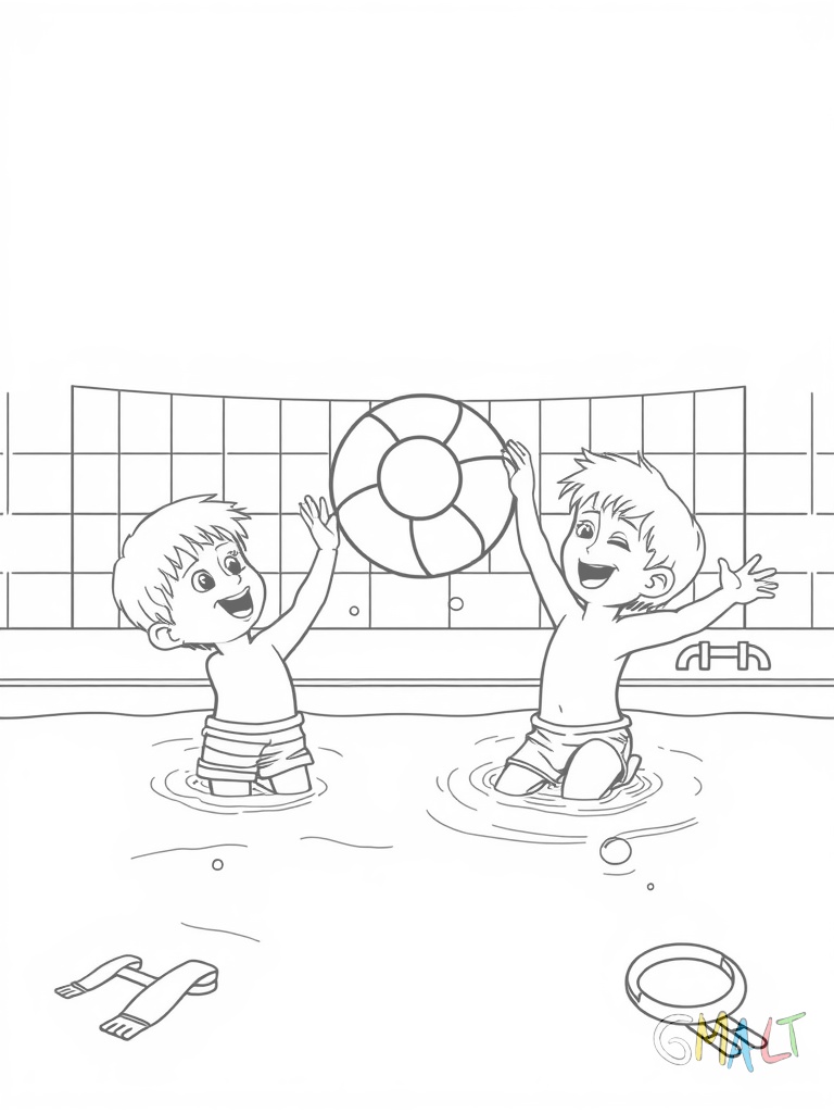 Zwei Kinder spielen Ball im Pool. Sie werfen sich einen großen Wasserball zu während sie im hüfttiefen Wasser stehen. Am Rand liegen Schwimmflügel und eine Taucherbrille.