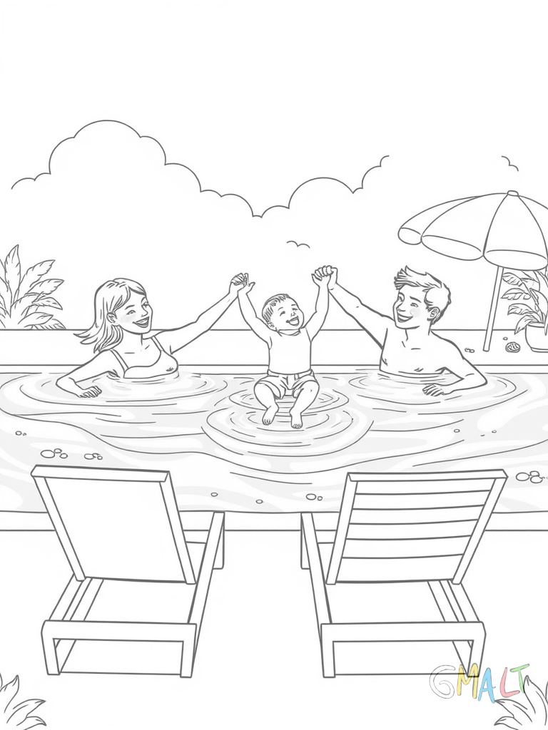 Eine Familie planscht fröhlich im Pool. Mama und Papa halten ein kleines Kind an den Händen während es mit den Füßen im Wasser strampelt. Am Poolrand stehen zwei Liegestühle und ein bunter Sonnenschirm.