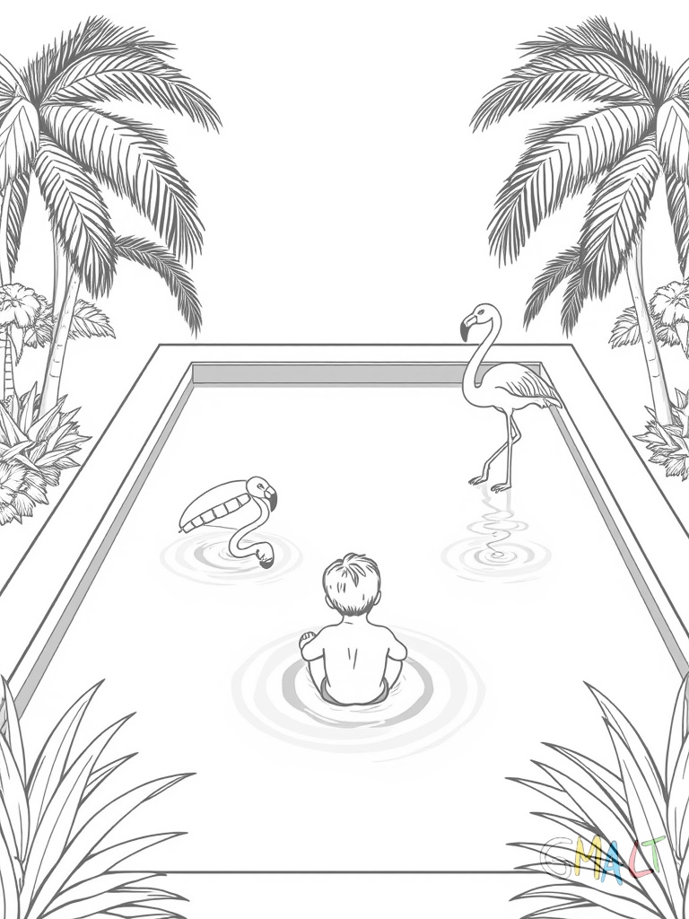 Ein großer rechteckiger Pool mit blauer Wasseroberfläche steht im Garten. Am Rand des Pools sitzt ein Kind mit baumelnden Beinen. Eine aufblasbare Luftmatratze in Form eines Flamingos schwimmt auf dem Wasser. Zwei Palmen rahmen die Szene ein.