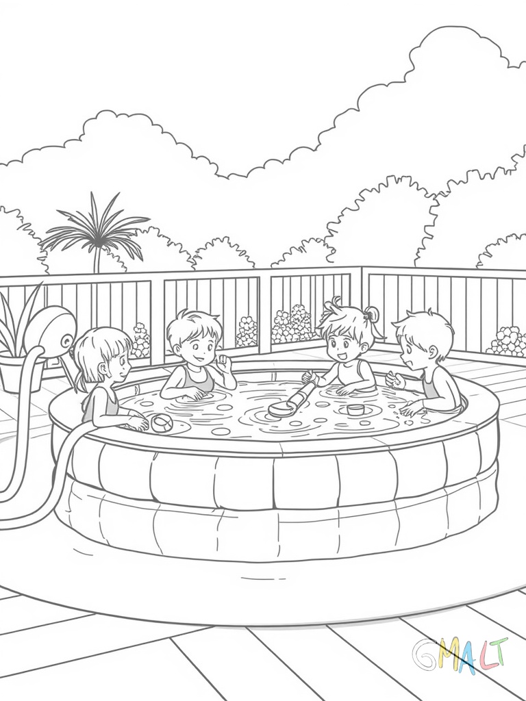 Ein rundes Planschbecken steht auf einer Terrasse. Darin spielen drei kleine Kinder mit Wasserspielzeug wie Gießkannen und Schaufeln. Eine kleine Poolleiter lehnt am Rand.
