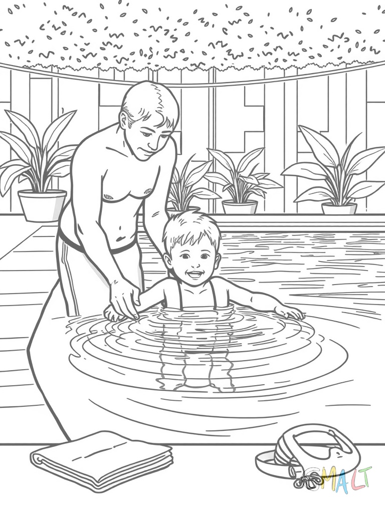 Ein Kind übt Schwimmen im Pool mit Schwimmnudel. Ein Erwachsener steht daneben und gibt Hilfestellung. Am Beckenrand liegen Handtücher und eine Schwimmbrille. Im Hintergrund sieht man einen Zaun mit Kletterpflanzen.