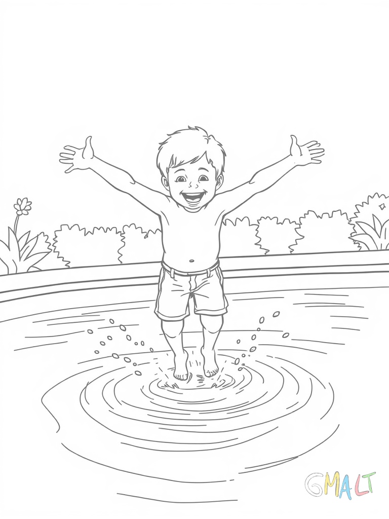 Ein Sprungbrett ragt über den Pool. Ein Kind macht darauf einen lustigen Sprung ins Wasser mit ausgebreiteten Armen und angewinkelten Beinen. Im Hintergrund ist eine Rutsche zu sehen die ins Wasser führt.
