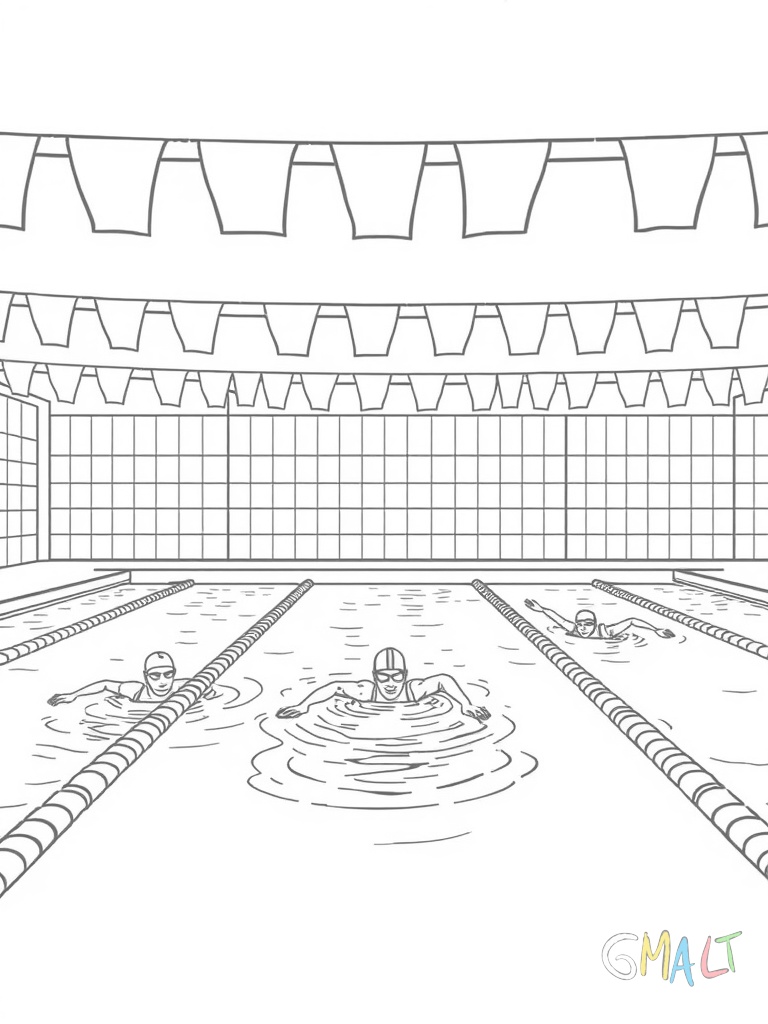 Fünf Schwimmbahnen von oben mit Trennleinen. Drei Schwimmer ziehen ihre Bahnen - einer macht Brustschwimmen zwei machen Kraulstil.