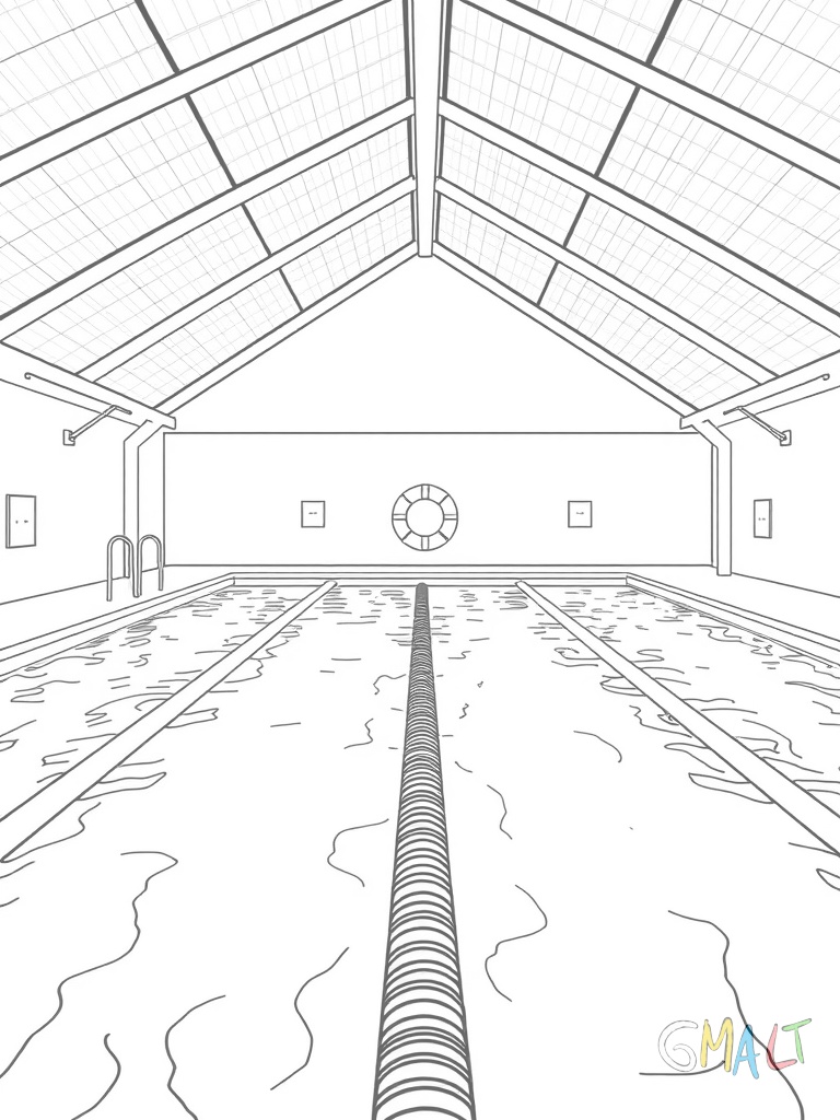 Ein großes Schwimmbecken mit drei Bahnen aus der Vogelperspektive. Am Beckenrand stehen zwei Startblöcke. Ein Rettungsring hängt an der Wand und eine Leiter führt ins Wasser.