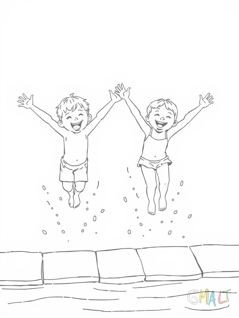 Zwei Kinder springen gleichzeitig vom Beckenrand ins Wasser. Sie haben die Arme ausgebreitet und die Beine angewinkelt. Ihre Gesichter zeigen Freude.