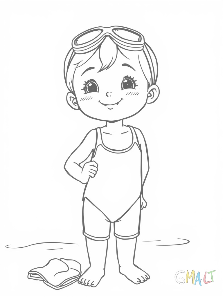 Ein kleines Mädchen mit Schwimmflügeln steht lächelnd am Beckenrand. Sie trägt einen Badeanzug und eine Schwimmbrille auf der Stirn. Neben ihr liegt ihr Handtuch.