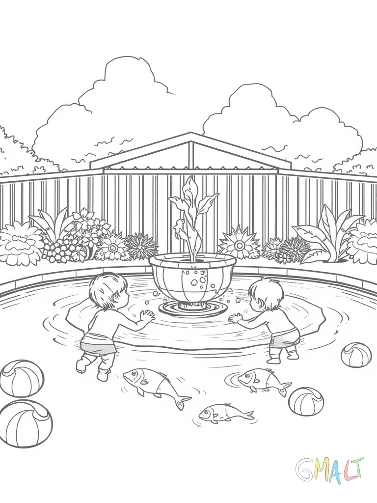 Ein Planschbecken mit kleinem Springbrunnen in der Mitte. Drei Kleinkinder spielen mit Schwimmtieren im flachen Wasser. Am Rand liegen Wasserbälle.