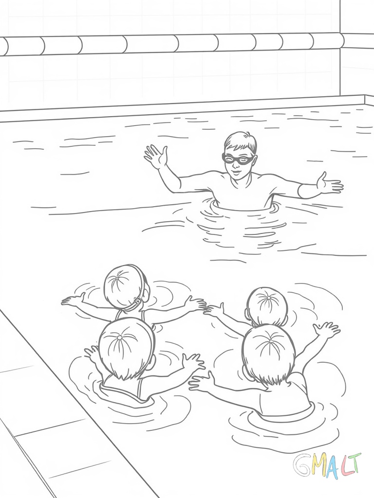 Ein Schwimmlehrer zeigt am Beckenrand die Kraul-Bewegung vor. Vier Kinder im Wasser machen die Armbewegungen nach. Alle tragen Schwimmbrillen.