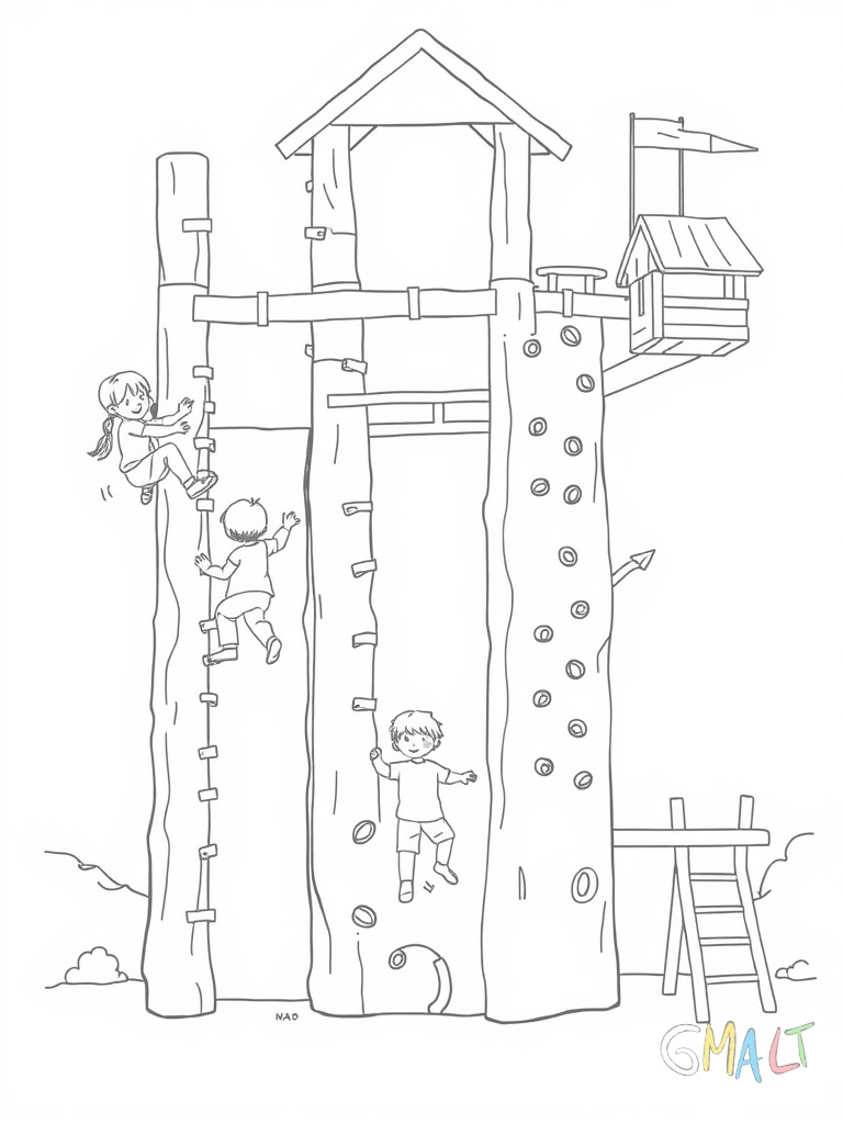 Ein großes Klettergerüst mit verschiedenen Ebenen. Drei Kinder klettern auf unterschiedlichen Höhen. Es gibt Leitern Stangen zum Rutschen und Seile zum Hochklettern. Oben ist eine kleine Plattform mit Dach.