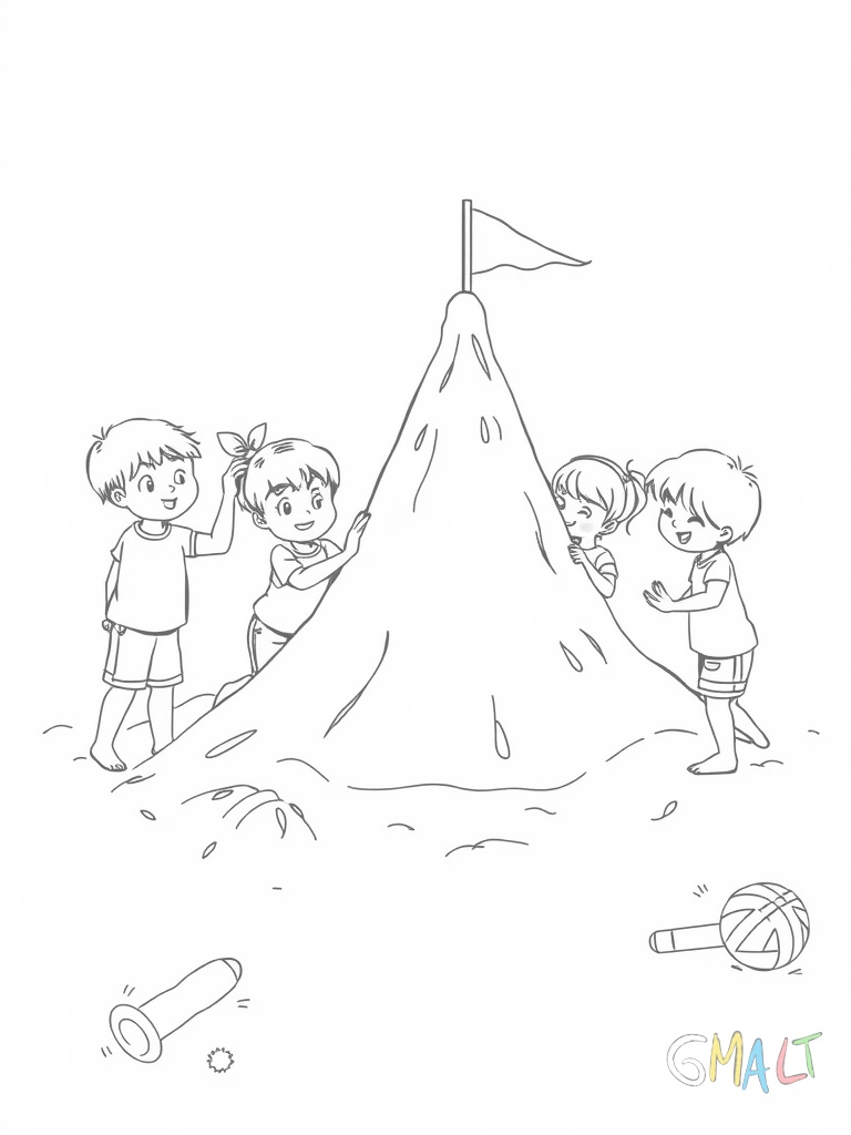 Ein großer Sandkasten mit vier Kindern die verschiedene Sandburgen bauen. Ein Kind formt mit einer Schaufel einen Turm andere nutzen Sandförmchen. Am Rand des Sandkastens liegt Spielzeug wie Eimer und Schippen.