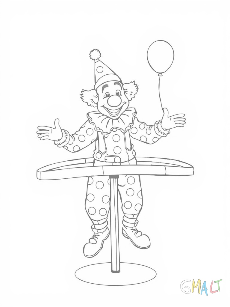 Ein fröhlicher Clown jongliert mit vier bunten Bällen während er auf einem großen Einrad balanciert. Er trägt eine runde rote Nase und einen gepunkteten Overall.