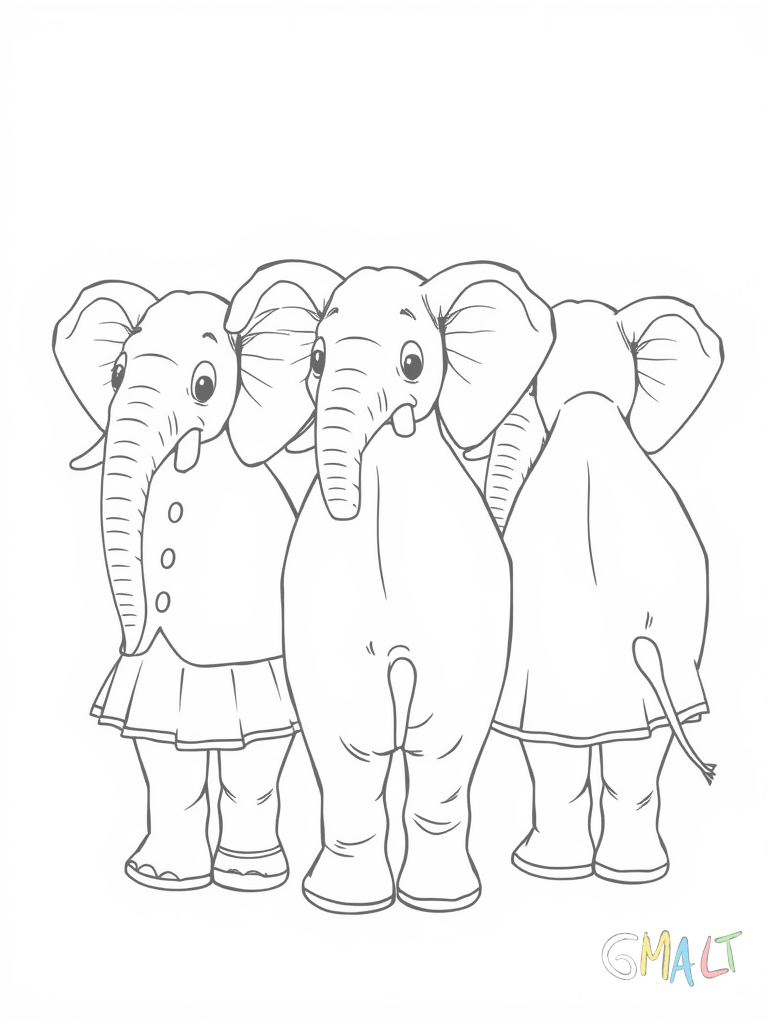 Drei dresssierte Elefanten stehen in einer Reihe. Jeder Elefant hat einen Fuß auf dem Rücken des vorderen Elefanten.