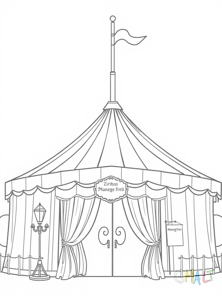 Ein großes Zirkuszelt von außen mit wehenden Fahnen auf der Spitze. Der Eingang ist mit Lampions geschmückt und ein Schild zeigt "Manege frei".
