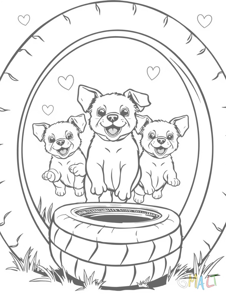 Vier kleine Hunde springen durch bunte Reifen die von einem lächelnden Dompteur gehalten werden. Die Hunde tragen kleine Schleifen.