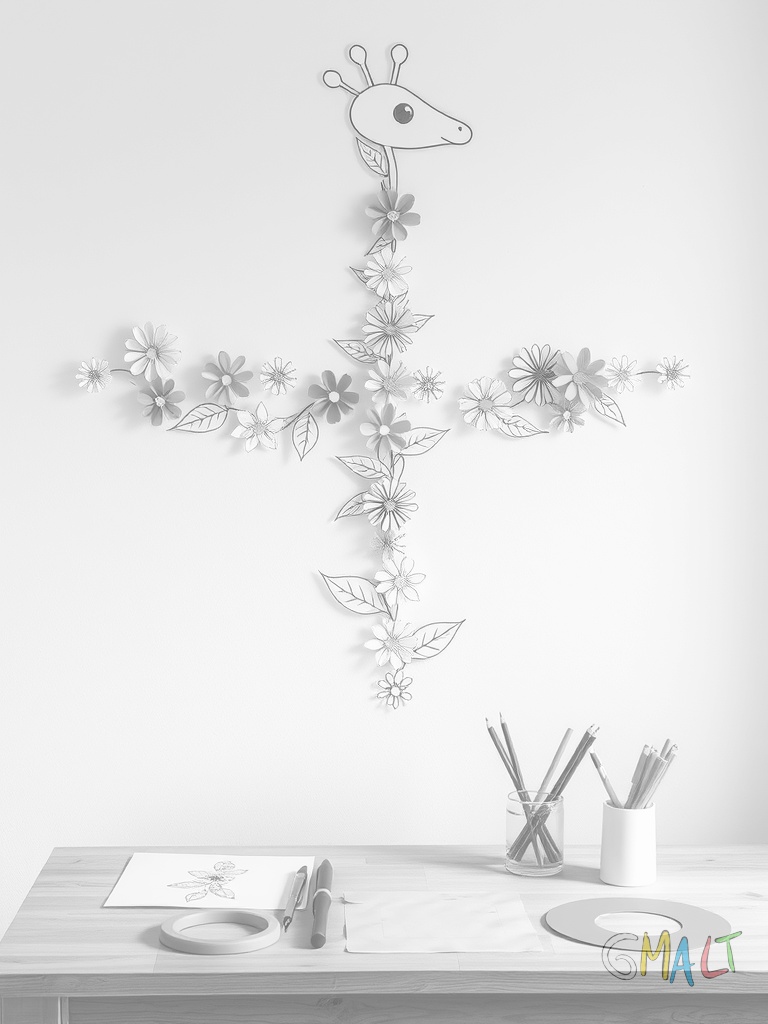 Eine Girlande aus bunten Papierblumen hängt an der Wand. Darunter steht ein Tisch mit Bastelutensilien: Eine Schere Klebstoff grünes Krepppapier und verschiedenfarbige Papierkreise.