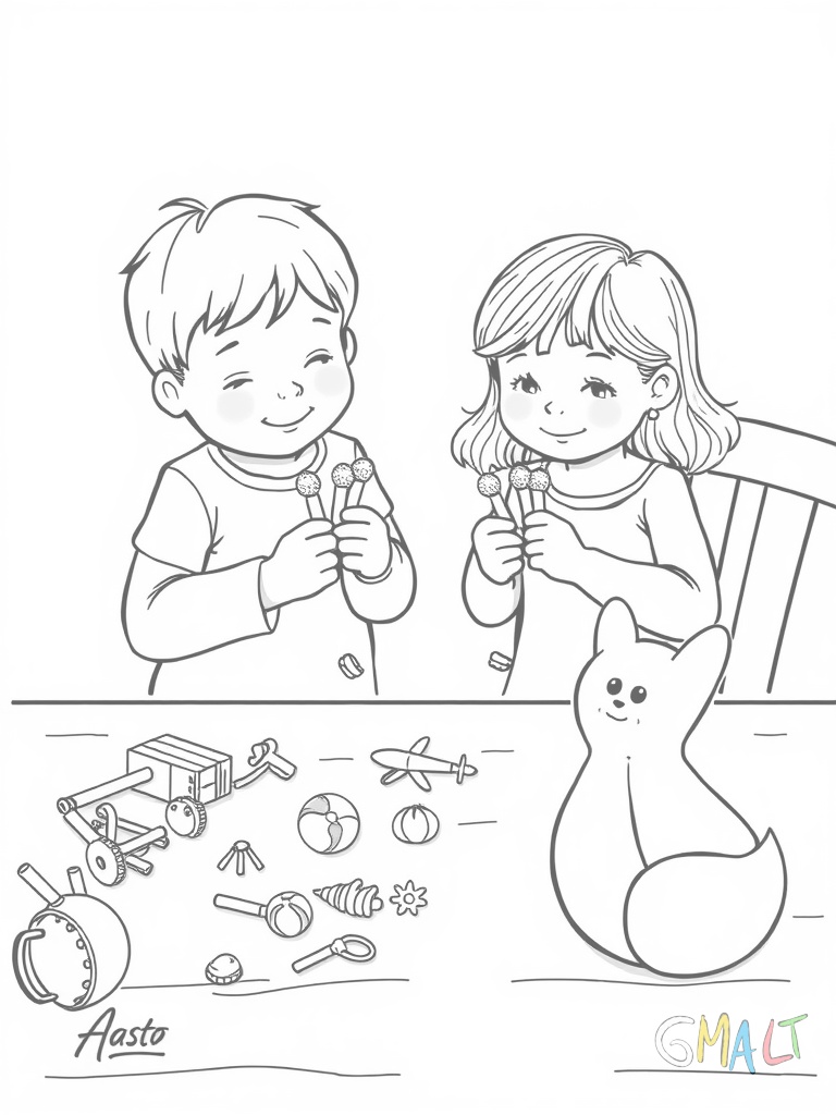Zwei Kinder sitzen nebeneinander und basteln Fingerpuppen aus Filz. Auf dem Tisch liegen Filzreste Knöpfe und Wollfäden. Ein fertiger Fingerpuppen-Hase steht bereits am Tischrand.