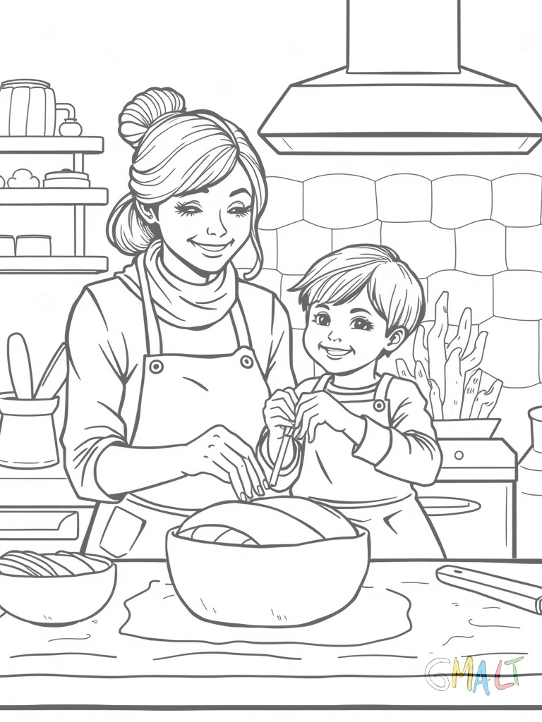 Eine Mama und ihr Kind kneten gemeinsam einen Brotteig auf einer bemehlten Arbeitsfläche. Beide tragen Schürzen und lächeln. Im Hintergrund ist ein Backofen zu sehen.