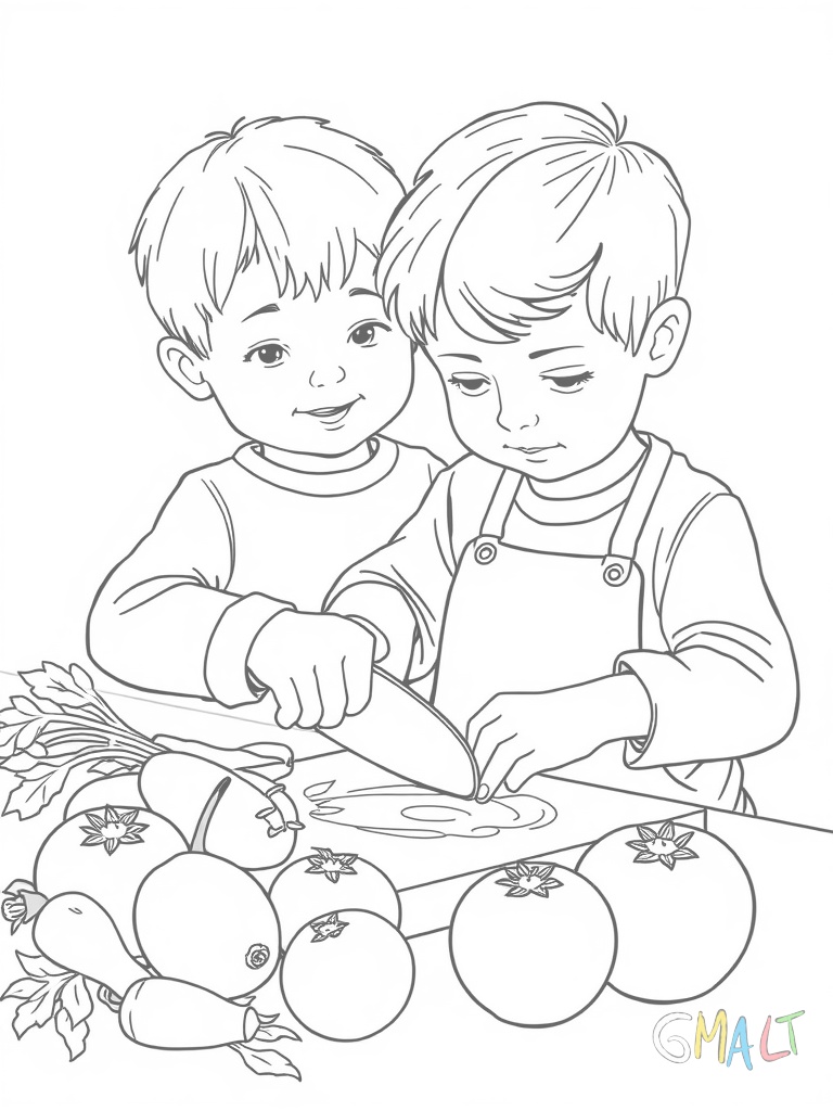 Ein Kind schneidet unter Aufsicht eines Erwachsenen vorsichtig Gemüse. Auf dem Schneidebrett liegen Möhren Gurken und Tomaten. Das Kind benutzt ein kleines kindersicheres Messer.