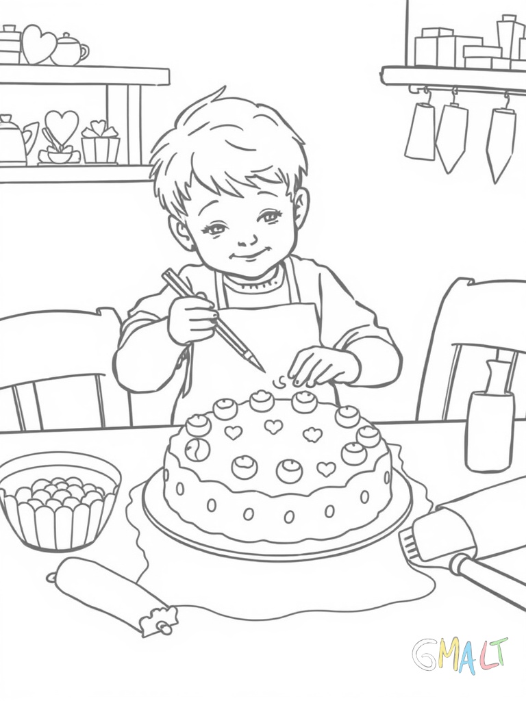 Ein Kind verziert einen runden Kuchen mit Zuckerguss und Streuseln. Auf dem Tisch liegen verschiedene Dekoriertüten und Streuselpackungen. Der fertige Kuchen steht auf einem Kuchengitter.